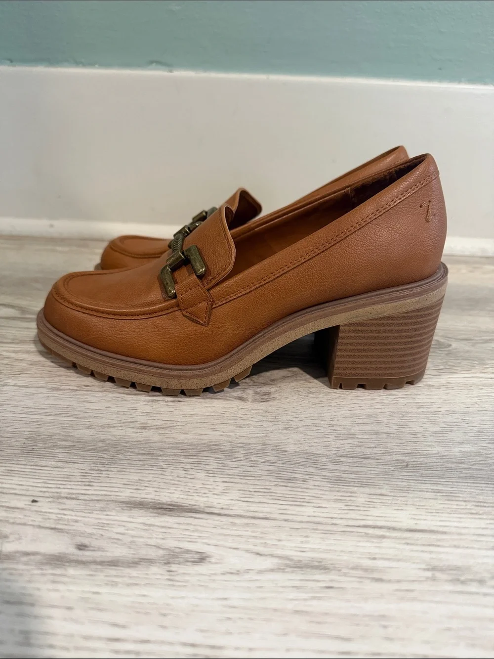 Women's Tan Chunky Heel Loafer with Gold Hardware - Picture 3 of 4